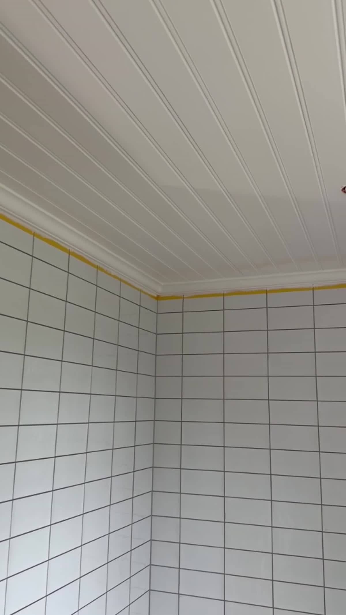 Nymålat paneltak i badrum